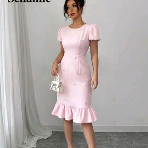 SHEIN Light Pink Puff-Sleeve Midi Dress with Ruffle Hem